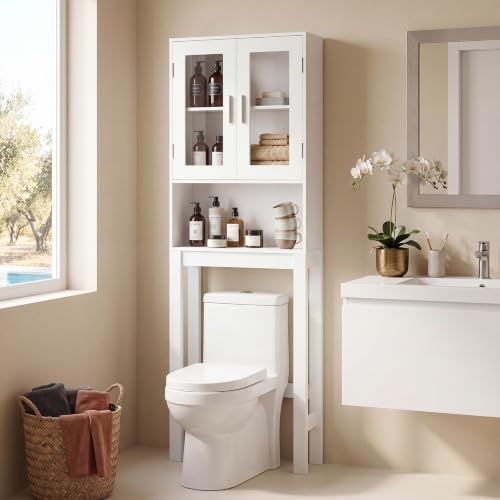 Giantex Over The Toilet Storage Cabinet, Freestanding Bathroom Cabinet w/ 2 Frosted Glass Doors, Inner 3-Position Adjustable Shelf, Open Storage Shelf, Bathroom Organizer & Space Saver