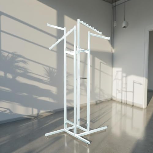 Image of LOCOMOTO 4-Way Clothes Rail Display Stand | Heavy Duty Metal Garment Rack with 15 kg Load Capacity | Free Standing Hanger Stand for Home, Retail Shop & Showroom Display (WHITE)