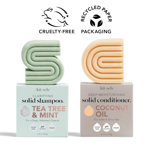 Image of Kitsch Tea Tree Shampoo & Coconut Oil Conditioner Bar - Shampoo and Conditioner Set - Clarifying Bar Soap for Greasy Hair & Deep Moisturizing - Paraben, Silicone & Sulfate Free - Made in USA - 2 Pack