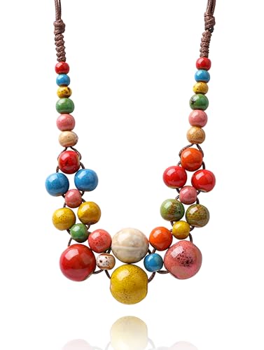 Sllaiss Collares para mujer – Coloridas cuentas redondas de cerámica de 3 capas, collar con colgante bohemio multicolor, joyería de cuentas gruesas, accesorios de amistad y relajación, regalo