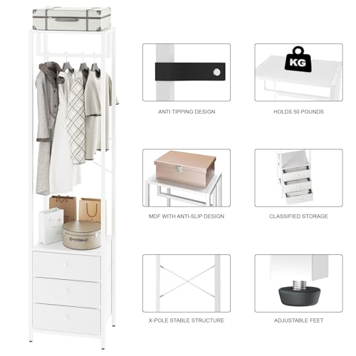 YMYNY Garderobenständer, Kleiderständer mit Schubladen, Freistehender hoher Kleiderschrank offen, Ablagen, Garderobe mit Kleiderstange für Schlafzimmer Wohnzimmer, 39×29×179CM Weiß HGR001W