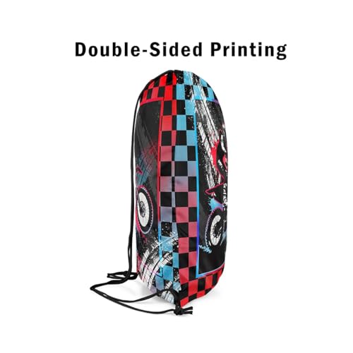 jejeloiu Dirt Bike Drawstring Backpack,Motocross Rider Gym String Bag,Blue and Red Buffalo Plaid Waterproof Cinch Bag Drawstring Bags,Cool Extreme Sportcase4
