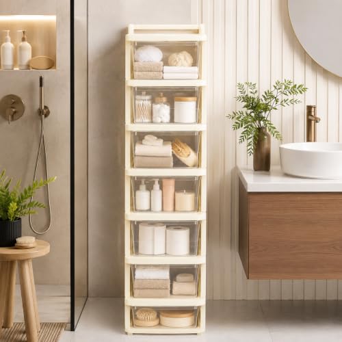 Image of Heavy Duty Plastic Storage Drawer with Wheels | Modular Cabinet for Bedroom, Office, Home or Classroom| Chest of Drawers Organiser for Cosmetics, Kitchen items, Toys (White Transparent, 7)
