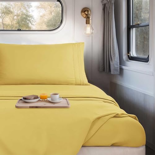 Image of Nestl Custard Yellow Short Queen Sheets for RV, Hotel Luxury RV Queen Sheets Set, 4 Piece Fitted Bed Sheet Set and Pillowcases, Super Soft, Wrinkle-Free, and Breathable Camper Bedding