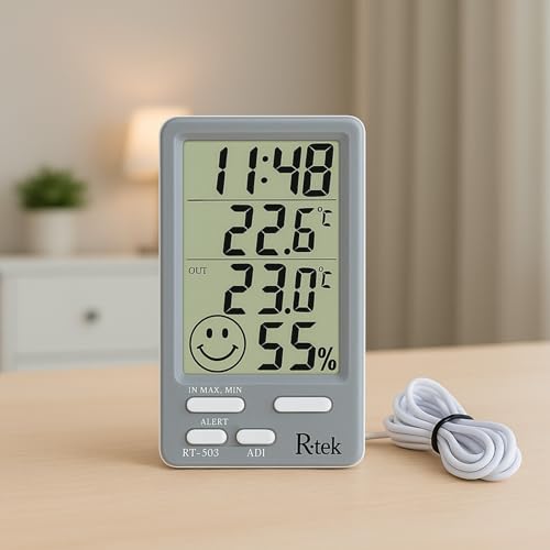 Image of R-TEK Digital Temperature Humidity Meter Hygrometer Thermo Room LCD Display Indoor Weather Sensor with Alarm Clock for Home Office Labs Monitoring Gauge Date time (RT-803)