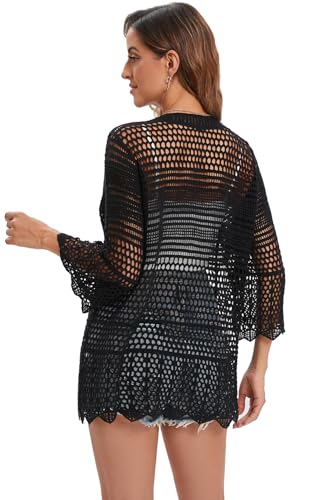 Crochet Cardigan for Women 3/4 Sleeve Open Front Lightweight Lace Boho Cover Up2