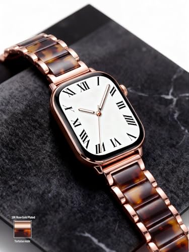 Image of V.R.HOPE Apple Watch Band for Women 38mm 40mm 41mm 42mm Fashion Rose Gold Stainless Steel Metal Strap with Resin Inlay, Fashion Bracelet Compatible with iWatch Series 11 /10 /9 /8 /7 /6 /5 /4 /3 /2 /1 /SE (Tortoise+Rose Gold)