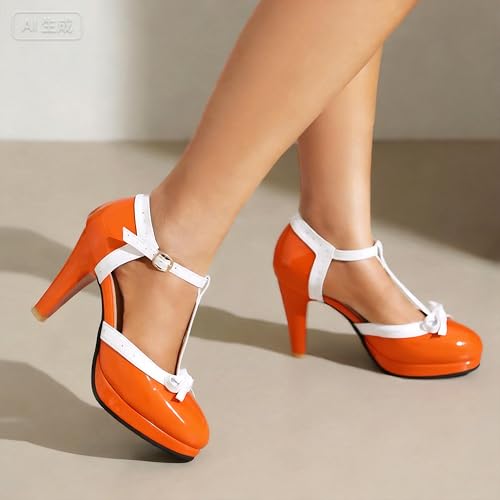 Image of ForeMode Fashion Women T-Strap High Heels Bow Platform Round Toe Pumps Leather Summer Sweet Shoes