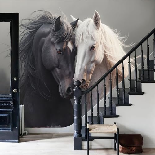 Papel pintado tejido no tejido Blanco animales salvajes El caballo oscuro de la fotografía realista mural de pared para dormitorio sala de estar,transpirable y fácil de instalar