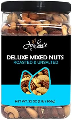Jaybee’s Unsalted Mixed Nuts | 32 oz Reusable Container | Gourmet Roasted Deluxe Nut Mix with Cashews, Almonds, Pecans, Hazelnuts, Brazil Nuts (No Peanuts) | Keto, Vegan Friendly, Kosher, Healthy Snacks