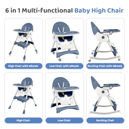 Image of 6 in 1 High Chairs for Babies and Toddlers,Portable Foldable High Chair with Wheels& Pu Cushion, Adjustable Height, Reclining Seat, 5-Point Safety Harness, Removable Tray