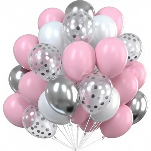 PartyWoo Pink White and Silver Balloons 66pcs 12 Inch Baby Pink Pearl White Silver Confetti Balloons for Graduation Baby Shower Birthday Gender Reveal Anniversary Bachelorette Party Decorations