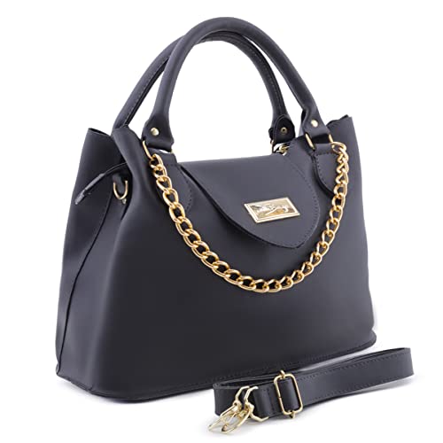 Bolsa Feminina Com Alça de Mão e Ombro Reajustável e Com Bolso Externo + Detalhe em Corrente (Preto)