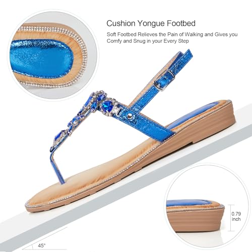 Image of iCKER Women Rhinestone Sandals T-Strap Buckle Bohemian Pearl Crystal Flat Sandals