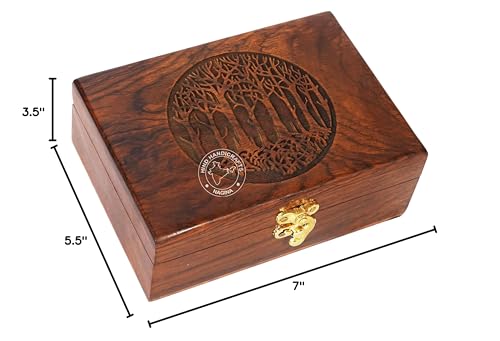 Image of Rosewood Handmade Wooden Tree of Life Engraved Jewellery Box - Handcarved Keepsake Urn for Women & Men | Antique Finish Decorative Storage Organizer | Wooden Gift Box (7 inchx5.5 inchx3.5 inch, 60 Cubic In)