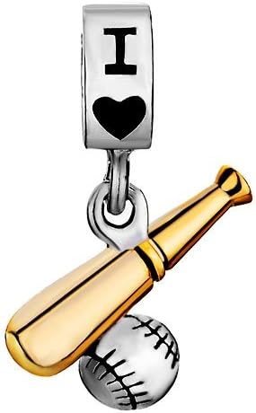 Gold Baseball Bat Ball Spacer Dangle Charm fits Pandora Charms Bracelets Sports Two-tone - Image 2