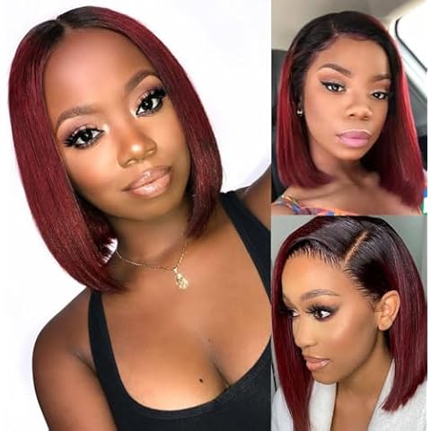 Snwprin Highlight Ombre Burgundy 12 inch Short Straight Bob Wigs Human Hair 13x6 HD Lace Front Wigs Pre Plucked Natural Hairline 150% Density Lace Frontal Wig Human Hair for Black Women 1B/99J Cover