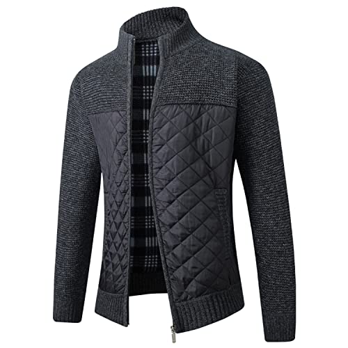 Image of Lu's Chic Men's Long Sleeve Knit Cardigan Sweater Thermal Full Zip Slim Fit Quilted Jacket Business Casual Work Patchwork High Neck Thick Coats Outerwear Pocket A-Black X-Small