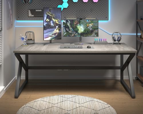 Image of HSH 70 Inch Long Grey Desk, Large Home Office Computer Desk for 2 People, Industrial Wood and Metal Executive Work Writing Study Gaming Desk Table, Modern Bedroom Simple PC Laptop Desk Double Desk