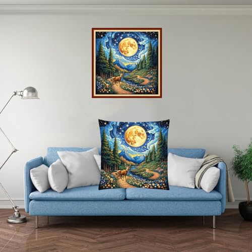 Image of Fanxvivy Stamped Cross Stitch Kits for Adults Beginners Pillow Needlepoint Kit with Embroidery Pattern Needlework Kit Prestamped Stitches Kit 11CT Cross Stitching-Deer Under Starry Sky 18x18 inch