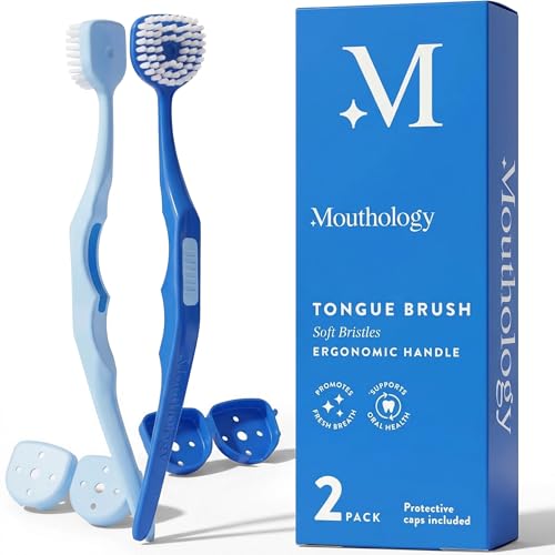 Soft Bristle Tongue Brush for Adults for Bad Breath Halitosis & Oral Hygiene - Tongue Scraper Brush with Ergonomic Handle & Protective Cap for Easy Storage & Travel - 2 Pack