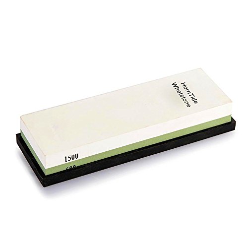 HornTide 600/1500 Grit Combination Whetstone, Two-Sided Knife Sharpener, 7-Inch Sharpening Stone, Plastic Stand Included