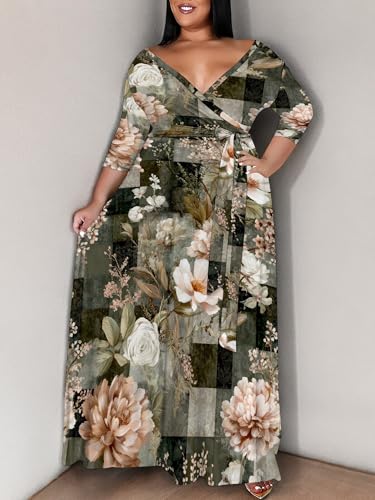 Image of SUZONANA Plus Size Maxi Dresses for Curcy Women Casual Loose 3 /4 Sleeve Long Dress with Belt