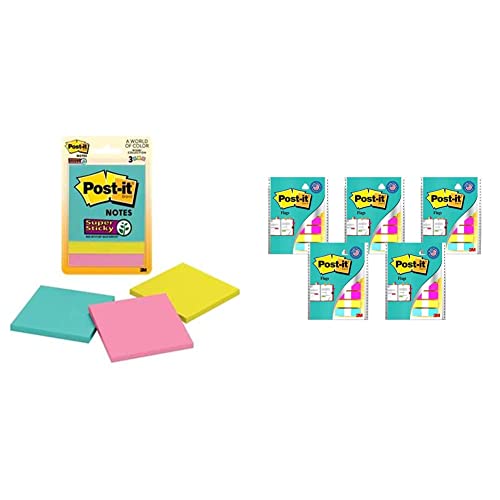 Image of 3M Post-it Super Sticky Notes | 2X Sticking Power | 3 Pads x 45 Sheets | 3 inch x 3 inch | Notes, Reminders, Study, School and organizing | Bright Neon Colours & Post-it Flags - Pack of 5