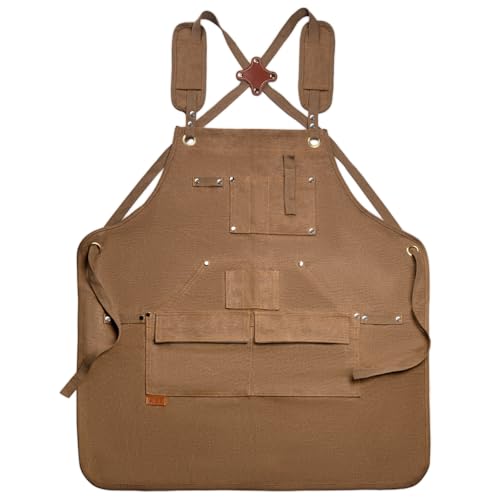 Funnytek Work Apron with 12 Tool Pockets, Heavy Duty Thick Canvas Adjustable Carpenter Apron, Woodworker with Cross-Back Straps, Fit Kitchen, Garden, Pottery, Craft Workshop, Garage for Men and Women