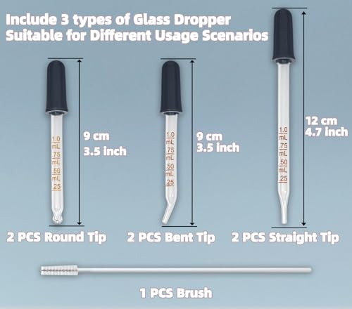 6 Pack Glass Pipette Dropper with Brush - Bent & Straight Tips, 1 ml Eye Droppers for Essential Oils, Lab, Crafts, Measuring and Transferring Liquids2