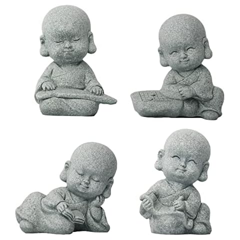mozhixue 4 Pcs Baby Buddha Statue Cute Monks Figurine Sandstone Smiling Buddah Sculptures Ornament Small Gifts for Wealth Good Luck Feng Shui Décor Home Office Car Dashboard Decoration (Gray B) Cover