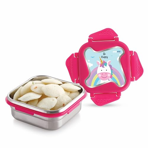 Image of STEELLOCK Smart Kids Stainless Steel Lunch Box, Leakproof & Airtight Tiffin Box for School Boys & Girls, BPA Free Food Grade with 4-Side Clip Lock | 360 ML | Pink, 3D /UV Print Unicorn