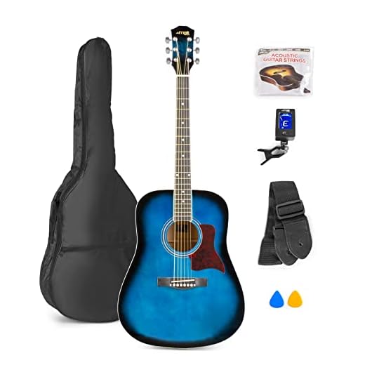 MAX SoloJam Set Guitarra Acústica Color Azul con Funda, Afinador, Correa, Púas y Juego de Cuerdas de Repuesto – Pack Musical para Aprender a Tocar Desde Cero, Ensayar o Regalar a Principiantes