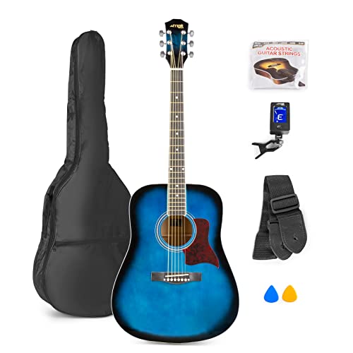 Max SoloJam Guitare Acoustique Folk Adulte Débutant - Bleue, Cordes en Acier, Accordeur Digital,...