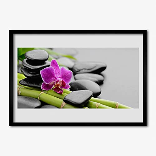 Affiche encadrée 70x50 cm Tulup en bois MDF avec poster zen fleurs et pierres de bambou