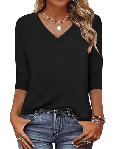 Zeagoo Womens Plus Size Casual Tops 3/4 Length Sleeve Loose Fit V-Neck T Shirts Cute Solid Color Three Quarter Length Tunic Top Black