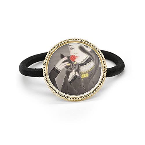 Chouchou cheveux motif chat noir en métal argenté et élastique