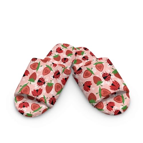 Forchrinse Red Ladybug Slippers for Women Open Toe House Slipper Reusable Flannel Flat Shoes for Spa Hotel Travel