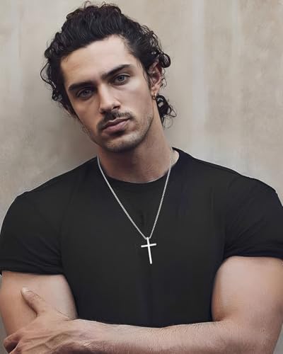 2 Pcs Cross Necklace for Men, Silver Black Stainless Steel Bible Verse Cross Pendant Necklace for Men, 2.5mm Box Chain3