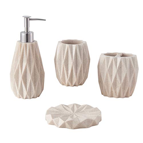 zccz Ensemble Complet d'accessoires de Salle de Bain 4 pièces - Ensemble d'accessoires de Salle de Bain - Distributeur de Savon Complet avec Porte-Brosse à Dents, Distributeur de Savon, Beige Cover