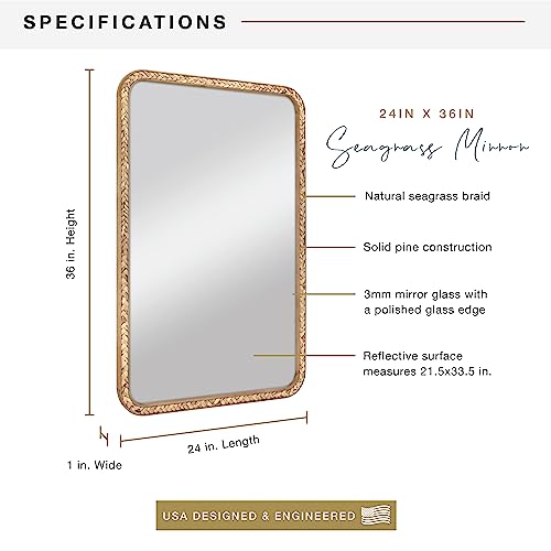 Image of MCS 24x36 Large Wall Mirror, Natural Woodgrain Solid Wood Frame with Braided Seagrass Detail, Vertical & Horizontal Coastal Mirror for Bathroom, Bedroom & Livingroom