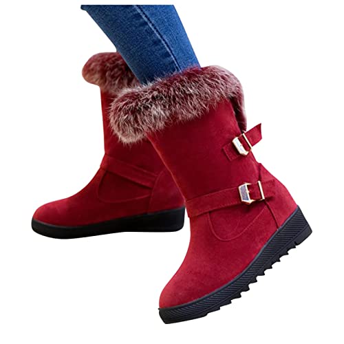 Hbeylia Dress Winter Snow Boots For Women Ladies Fashion Plush Fur Lined Warm Suede Round Toe Wedge Platform Slip On Mid Calf Boots Cozy Fleece Lining Chunky Bottom Mid Heels Short Boots For Christmas -  Hbeylia Women Boots