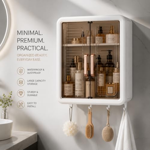 Image of KINHA Wall Mounted Storage Cabinet for Kitchen & Bathroom - Multipurpose Plastic Wall Shelf Organizer with Doors, Space Saving Hanging for Bathroom Accessories, Kitchen Storage Rack
