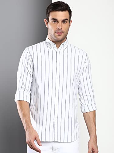 Image of Dennis Lingo Men's Striped Slim Fit Oxford Cotton Casual Shirt with Button Down Collar & Full Sleeves