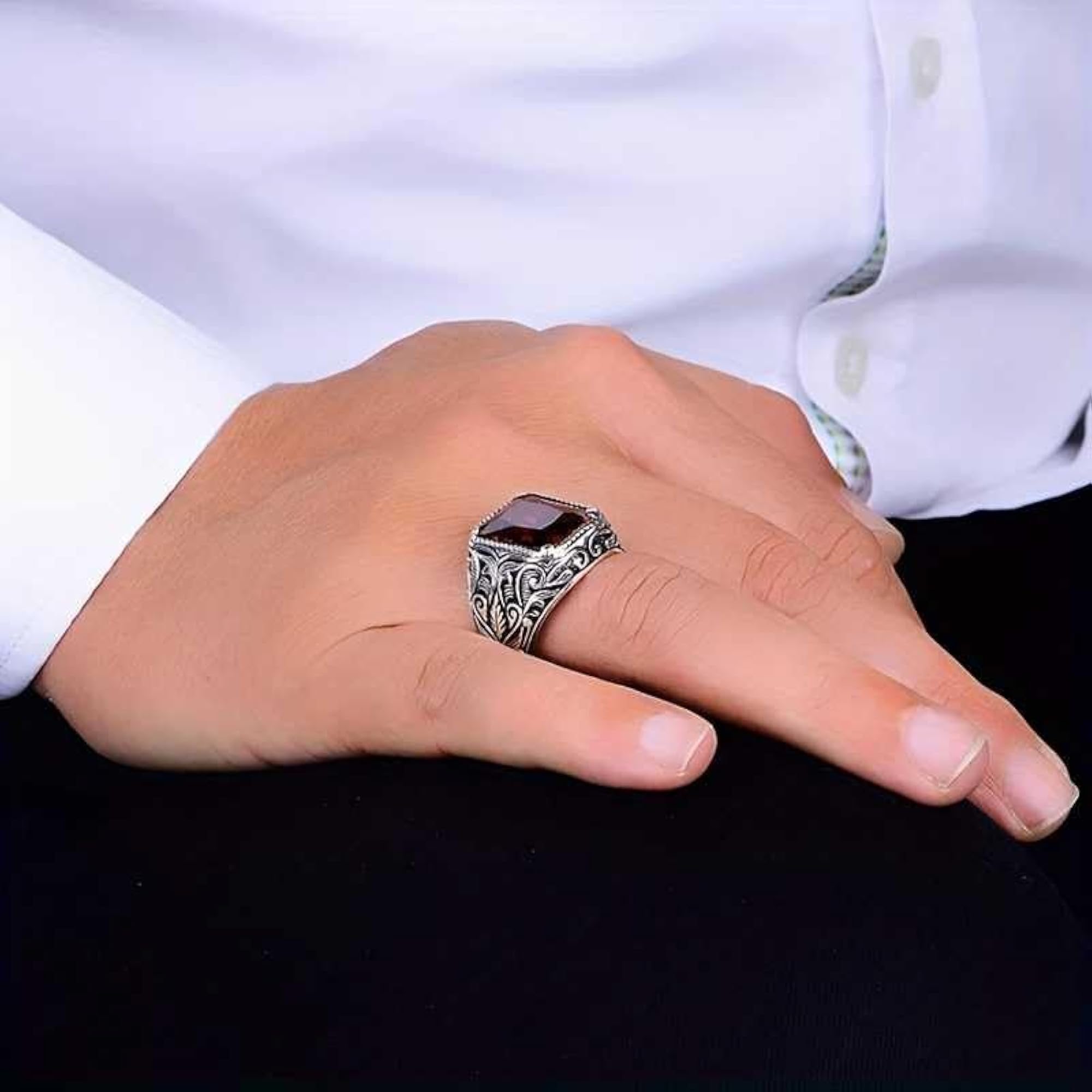 Men's Artificial Ruby & Clear Stone Silver Tone Statement Ring
