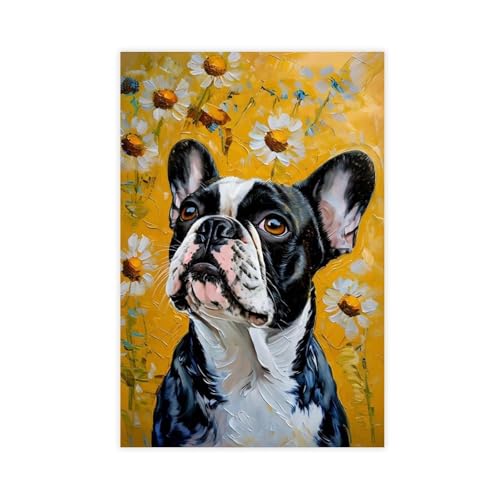 Toile bouledogue français et fleurs jaunes pour une chambre lumineuse