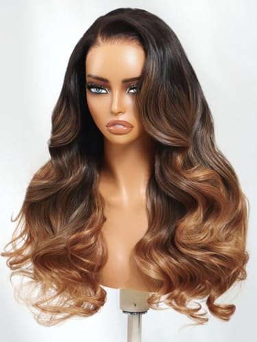 Image of Beauty Forever Pre Everything Glueless Front Black to Caramel Blonde Ombre Brown Body Wave Human Hair Drawstring Wig Pre Plucked Pre Cut 13x4 Loose Wave Bye Bye Knots Ready to Wear Frontal Wig 18inch
