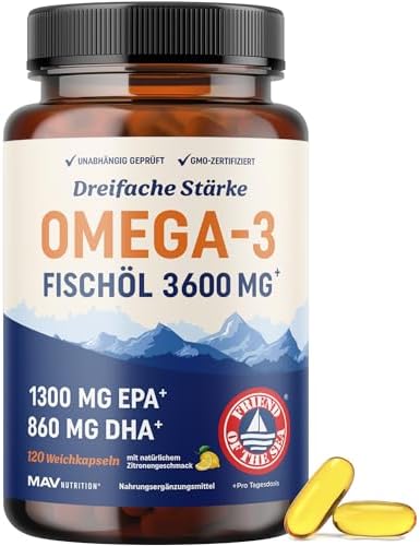 Omega 3 Kapseln Hochdosiert 3600 mg | EPA & DHA | Über 2100 mg Omega-3-Fettsäuren | 1300 mg EPA + 860 mg DHA | Erstklassige essenzielle Fettsäuren | Wild gefangene Omega 3 | 120 St