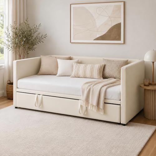 Sofá Cama Extensible 90/180x200 cm, Sofa Camas Convertible con Somier de Láminas, Cama de día Extensible a Camas Doble, Tejido Aterciopelado, Sin Colchón