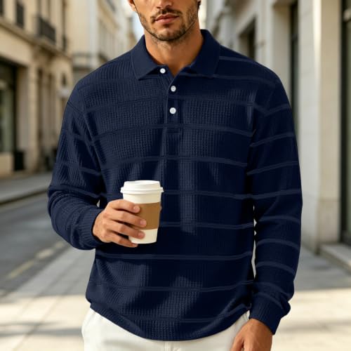 Striped Rugby Shirts for Men Henley Collared Button Men's Long Sleeve Polo - image 2